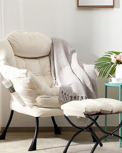 HollyHOME Fabric Lazy Chair with Foldable Ottoman, Accent Comfy Lounge Arm Chair and Folding Footrest Stool Set, Leisure Sofa Reading Chair and Footstool for Living Room, Bedroom, Dorm, Beige - LeafyLoom