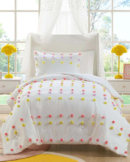 Mi Zone Kids Twin Comforter Set, Fun and Adorable Multi-Color Clipped Jacquard Pompom Bedding, Microfiber Lightweight All Seasons Down Alternative Bedding, Sham, Cora, Twin Pink Multi 2 Piece - LeafyLoom