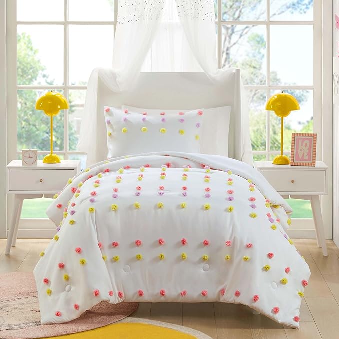 Mi Zone Kids Twin Comforter Set, Fun and Adorable Multi-Color Clipped Jacquard Pompom Bedding, Microfiber Lightweight All Seasons Down Alternative Bedding, Sham, Cora, Twin Pink Multi 2 Piece - LeafyLoom