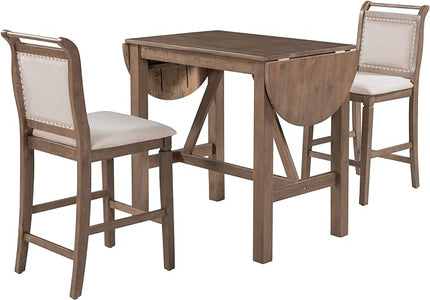 Voohek 3-Piece Counter Height Dining Table Set, with 2 Upholstered Chairs and Drop Leaf, for Small Space, Dinette, Home Kitchen Breakfast, Bar, Brown - LeafyLoom