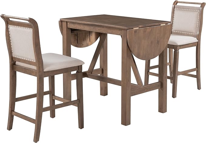 Voohek 3-Piece Counter Height Dining Table Set, with 2 Upholstered Chairs and Drop Leaf, for Small Space, Dinette, Home Kitchen Breakfast, Bar, Brown - LeafyLoom