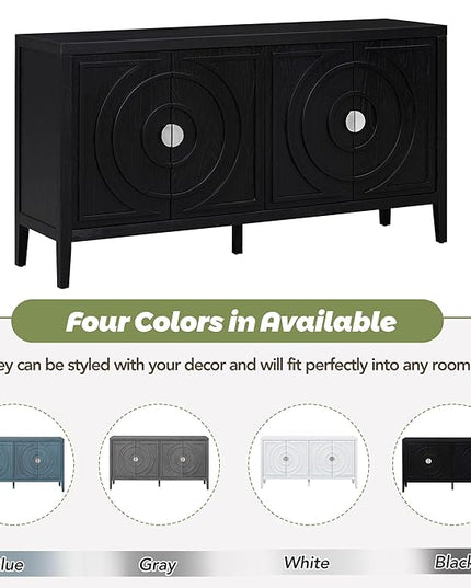 Retro Sideboard with Circular Groove Design Round Metal Door Handle,Wooden Buffet Cabinet,W/Adjustable Shelves & Open Countertop,for Entrance Living Dinning Room,Black, 60" - LeafyLoom