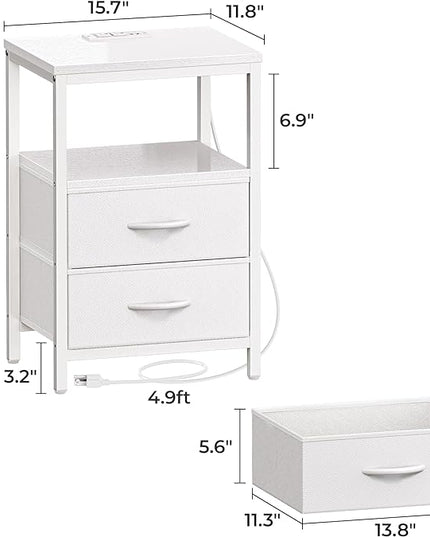 Nightstand with Charging Station, Side Table with Fabric Drawers, End Table with Open Shelf, Bedside Table with USB Ports and Outlets, Night Stand for Bedroom, White - LeafyLoom