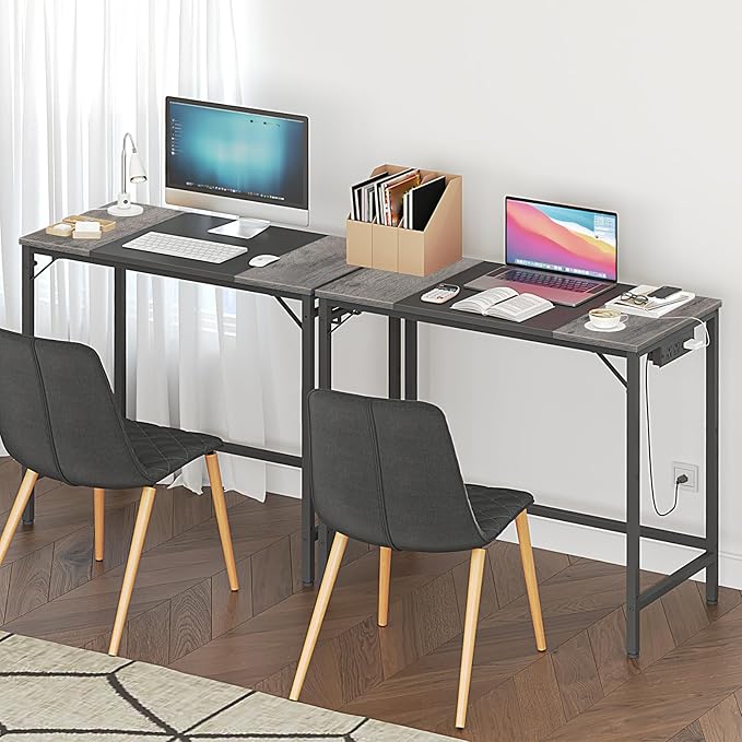 HOOBRO Computer Desk, Home Office Desk with Power Outlet, Modern Study Writing Desk with 3 Hooks for Study Room, Home Office, Sturdy and Stable, Easy to Assemble, Charcoal Gray and Black BC40UDN01 - LeafyLoom