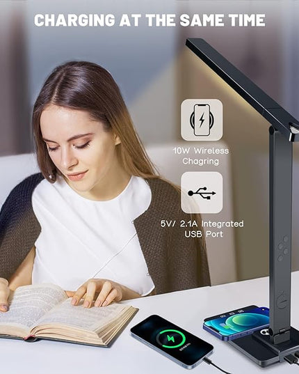 Led Desk Lamp with Wireless Charger, Desk Lamps for Home Office with Clock, Alarm, Date, Temperature | Desk Light with Night Light, 45 Min Auto Timer | Touch Control Smart Lamp for College, Dorm - LeafyLoom