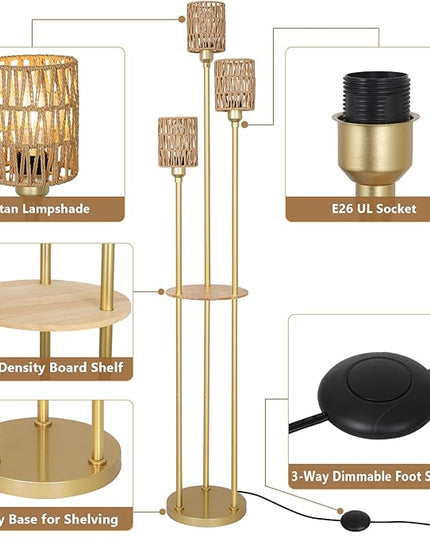Dimmable Boho Floor Lamps for Living Room, 3-Lights Farmhouse Floor Lamp with 3-Way Foot Switch, Gold Floor Lamp with Shelves, Rustic Standing Lamp with Rattan Shades, Tall Lamps for Bedroom - LeafyLoom