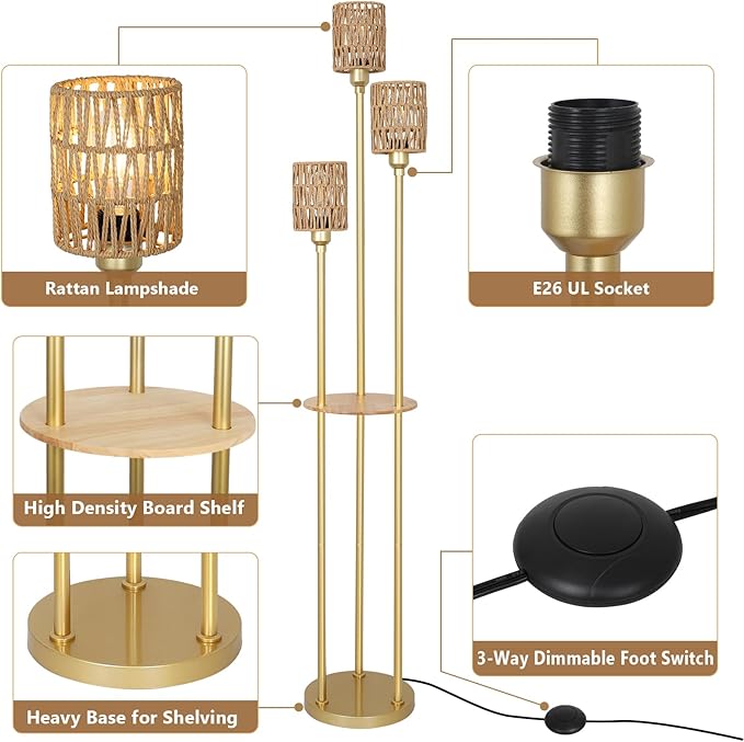 Dimmable Boho Floor Lamps for Living Room, 3-Lights Farmhouse Floor Lamp with 3-Way Foot Switch, Gold Floor Lamp with Shelves, Rustic Standing Lamp with Rattan Shades, Tall Lamps for Bedroom - LeafyLoom