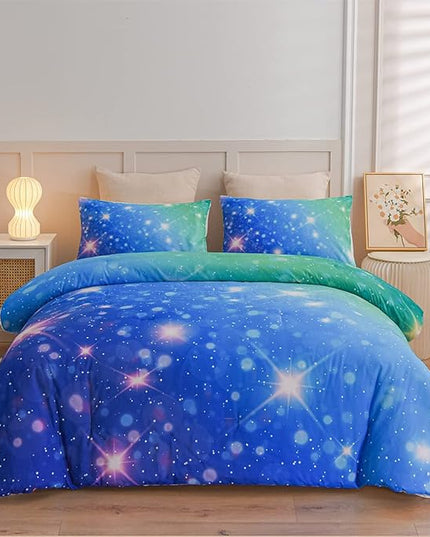 Holawakaka Kids Space Star Glitter Comforter Set Ombre Blue & Green Print Gradient Bedding Set Twin Size(Blue Green, Twin) - LeafyLoom