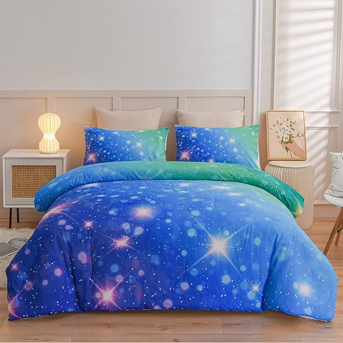 Holawakaka Kids Space Star Glitter Comforter Set Ombre Blue & Green Print Gradient Bedding Set Twin Size(Blue Green, Twin) - LeafyLoom