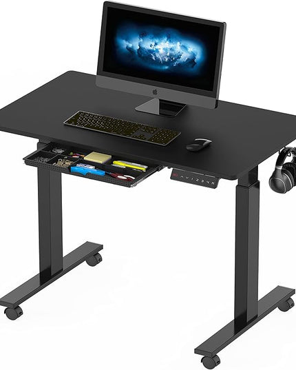 SHW Small Electric Height Adjustable Mobile Sit Stand Desk with Drawer, Hanging Hooks and Cable Management, 40 x 24 Inches, Black - LeafyLoom