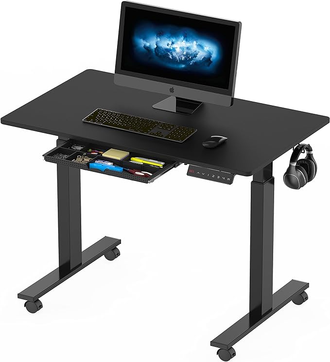 SHW Small Electric Height Adjustable Mobile Sit Stand Desk with Drawer, Hanging Hooks and Cable Management, 40 x 24 Inches, Black - LeafyLoom
