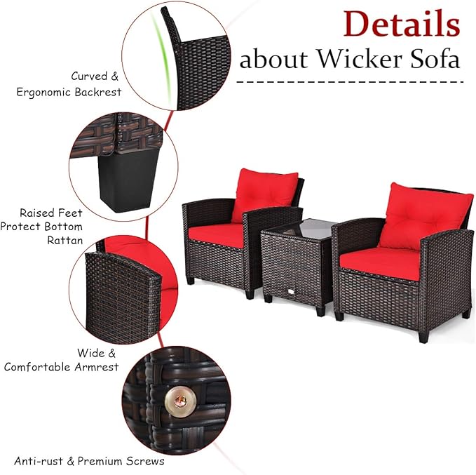 3 PCS Patio Furniture Set, OneSize, Red - LeafyLoom