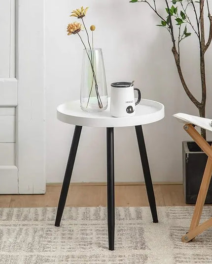 Round Side Table Wooden Tray Table with Metal Tripod Stand Nightstand Coffee Table End Table for Living Room Bedroom Office Small Spaces, 18" H x 15" D (White & Black) - LeafyLoom