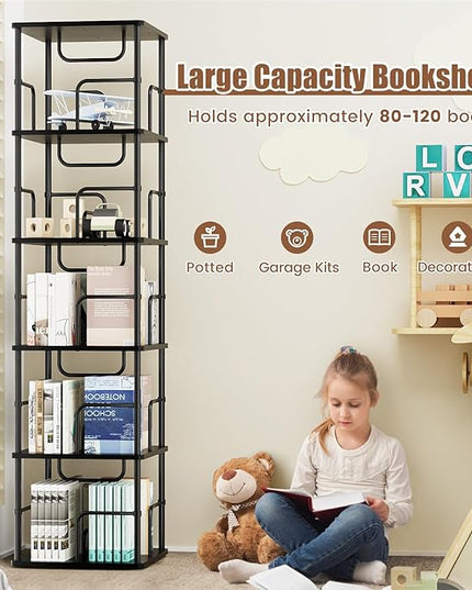 5 Tier Square Rotating Bookshelf, 360 ° Display Stackable Spinning Bookshelf Tower, Space Saving Tall Floor Standing Swivel Bookcase Corner Storage Organizer for Bedroom, Living Room, Black - LeafyLoom
