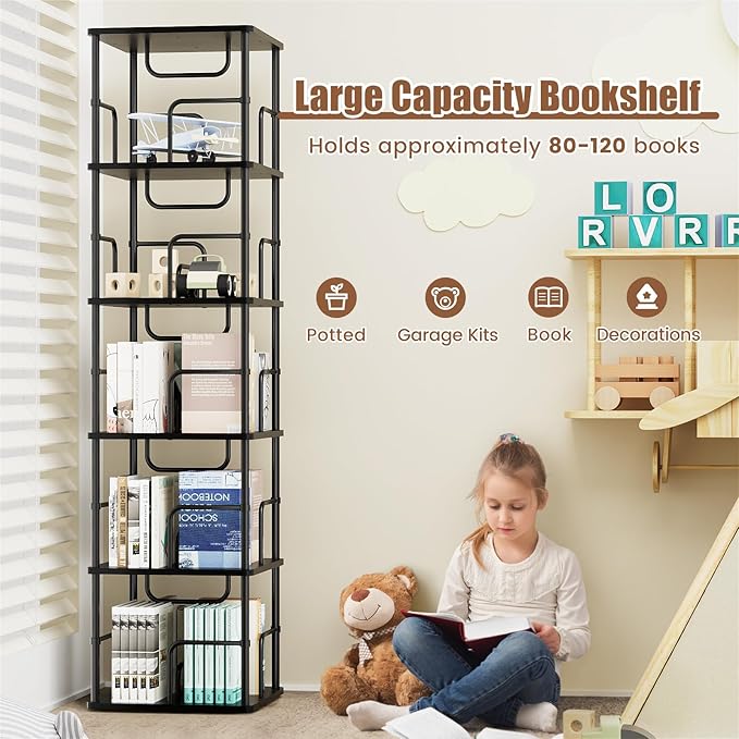 5 Tier Square Rotating Bookshelf, 360 ° Display Stackable Spinning Bookshelf Tower, Space Saving Tall Floor Standing Swivel Bookcase Corner Storage Organizer for Bedroom, Living Room, Black - LeafyLoom