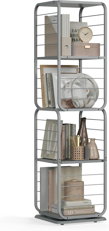 VASAGLE 4-Tier Rotating Bookshelf, Bookcase with Bookends for Small Spaces, Corner Shelf, Steel Frame, Dove Grey ULLS127G36 - LeafyLoom