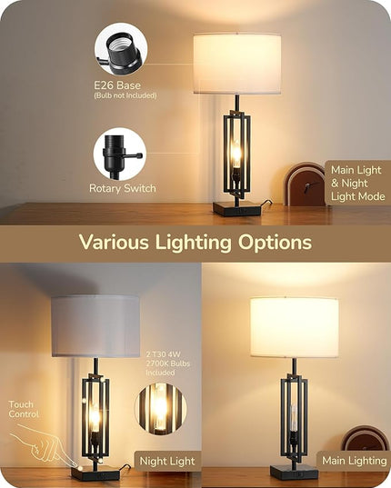 EDISHINE 25.6" Farmhouse Table Lamp with Night Light, Rustic Bedside Lamp Set of 2, A+C USB Ports, Touch 3-Way Dimmable Nightstand Lamp for Living Room, Bedroom, Home Decor - LeafyLoom