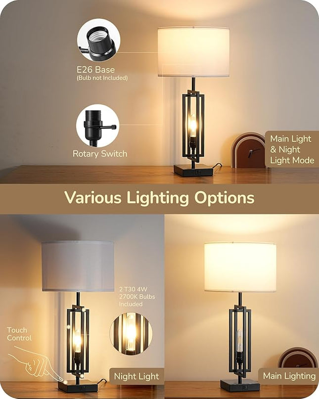 EDISHINE 25.6" Farmhouse Table Lamp with Night Light, Rustic Bedside Lamp Set of 2, A+C USB Ports, Touch 3-Way Dimmable Nightstand Lamp for Living Room, Bedroom, Home Decor - LeafyLoom