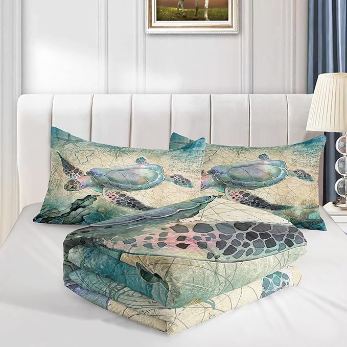 CVHOUSE Sea Turtle Comforter Set,Ocean Sea Turtle Bedding Set for Kids Teens,Ocean Sea Turtle Comforter Sea Turtle Duvet Set Room Decor Quilt Set Queen Size - LeafyLoom