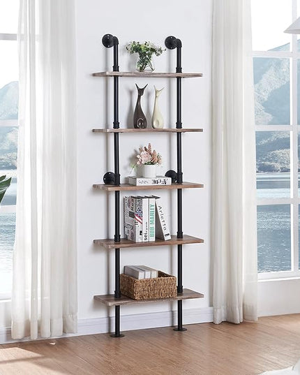 HOMBAZAAR Industrial Bookshelf, 5-Tier Industrial Pipe Bookshelf, Wall Mounted Ladder Shelves with Metal Frame for Home Office, Living Room, Oak Brown - LeafyLoom