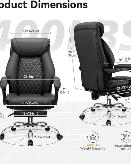 Office Chair, Executive Leather Chair Adjustable High Back, Ergonomic Computer Desk Chair Lumbar Support, Big and Tall Office Chair with Footrest, Comfy Reclining Chair for Home Office - LeafyLoom