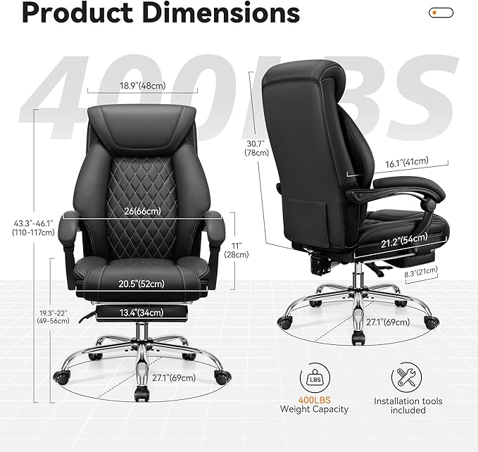 Office Chair, Executive Leather Chair Adjustable High Back, Ergonomic Computer Desk Chair Lumbar Support, Big and Tall Office Chair with Footrest, Comfy Reclining Chair for Home Office - LeafyLoom