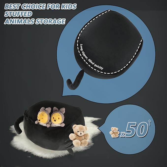 Stuffed Animal Storage Bean Bag Chair Cover for Kids Black Cat Beanbag Chair for Girls Large Size Toy Organizer Cover Only Without Filling - LeafyLoom