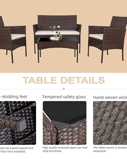 Shintenchi 4 Piece Outdoor Patio Furniture Sets, Small Wicker Patio Conversation Furniture Rattan Chair Set with Tempered Glass Coffee Table for Backyard Porch Garden Poolside Balcony - LeafyLoom