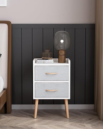 LUCKNOCK NightStand with 2 Fabric Drawers, Bedside Table with Solid Wood Legs, Minimalist and Practical End Side Table for Bedroom, White. - LeafyLoom