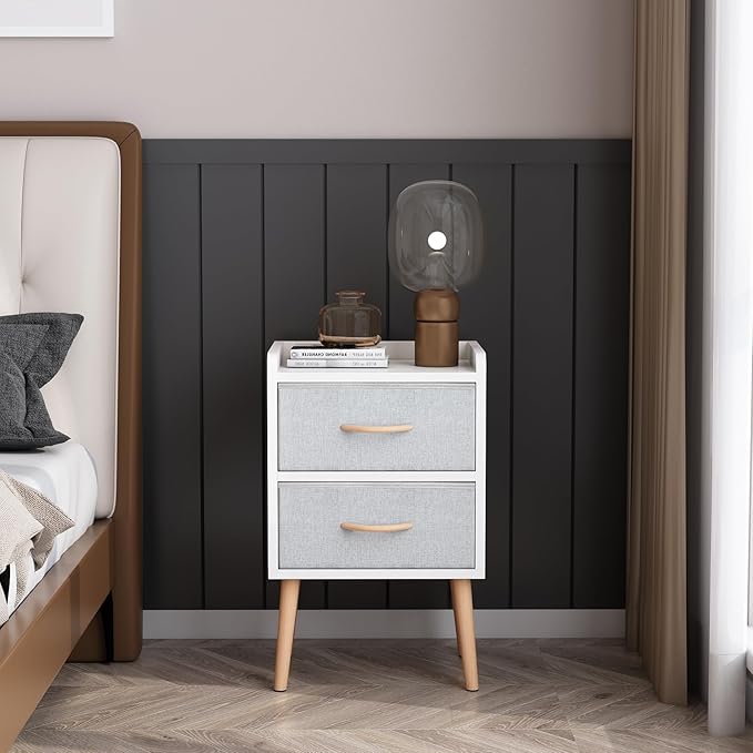 LUCKNOCK NightStand with 2 Fabric Drawers, Bedside Table with Solid Wood Legs, Minimalist and Practical End Side Table for Bedroom, White. - LeafyLoom
