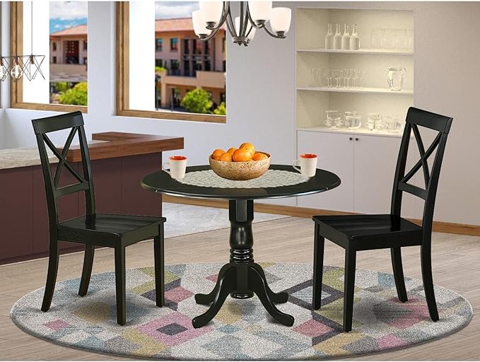 East West Furniture DLBO3-BLK-W 3 Piece Dining Table Set for Small Spaces Contains a Round Dining Room Table with Dropleaf and 2 Wood Seat Chairs, 42x42 Inch, Black - LeafyLoom