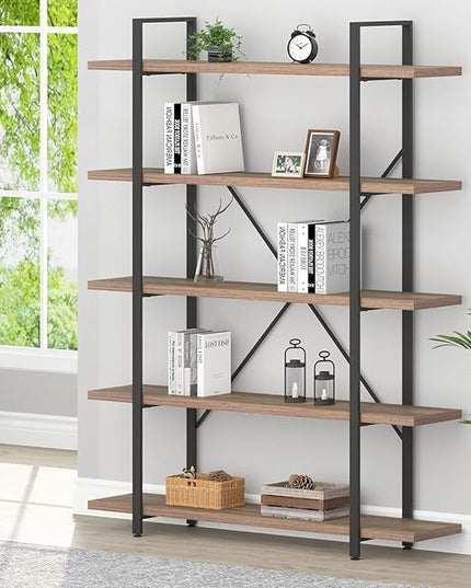 HSH Industrial Wood and Metal 5 Tier Bookshelf, Large Tall Open Rustic Wide Etagere Bookcase, Vintage Farmhouse Modern Wooden Big Book Shelf for Home Living Room Bedroom Office Storage, Rustic Oak - LeafyLoom
