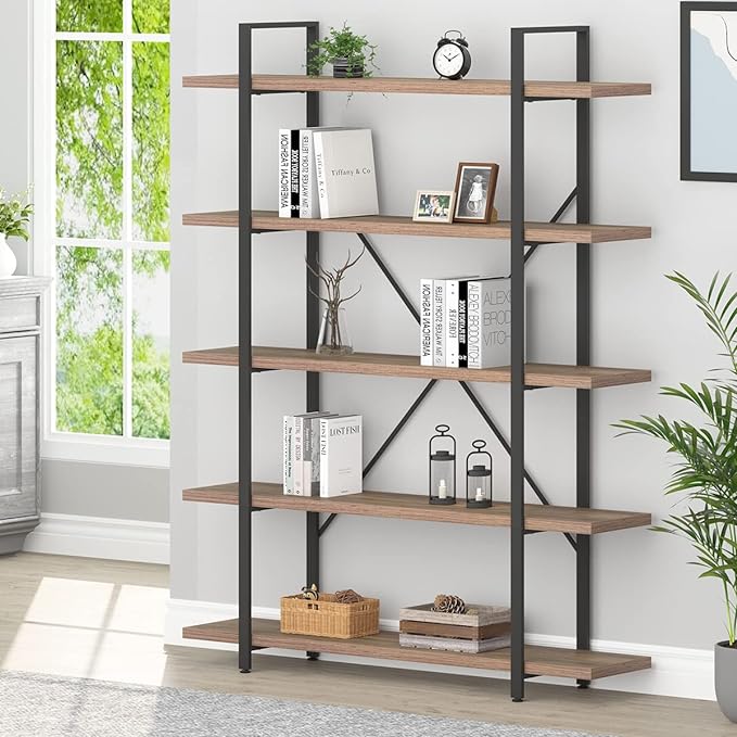 HSH Industrial Wood and Metal 5 Tier Bookshelf, Large Tall Open Rustic Wide Etagere Bookcase, Vintage Farmhouse Modern Wooden Big Book Shelf for Home Living Room Bedroom Office Storage, Rustic Oak - LeafyLoom