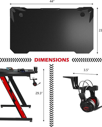 PC Gaming Desk 44 Inch Z Shaped Carbon Fiber Surface Desktop Computer Table with Cup Holder & Headphone Hook, Black - LeafyLoom