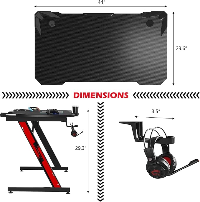 PC Gaming Desk 44 Inch Z Shaped Carbon Fiber Surface Desktop Computer Table with Cup Holder & Headphone Hook, Black - LeafyLoom