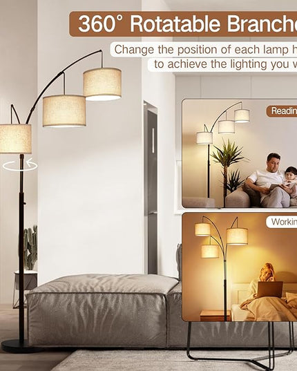 OUTON Arc Led Floor Lamp, Modern Black 3 Light Arched Tall Floor Lamp for Bedroom, 2400lm Mid Century Adjustable Standing Corner Lamps for Living Room Office, 3 LED Bulbs Included, Beige Lampshade - LeafyLoom