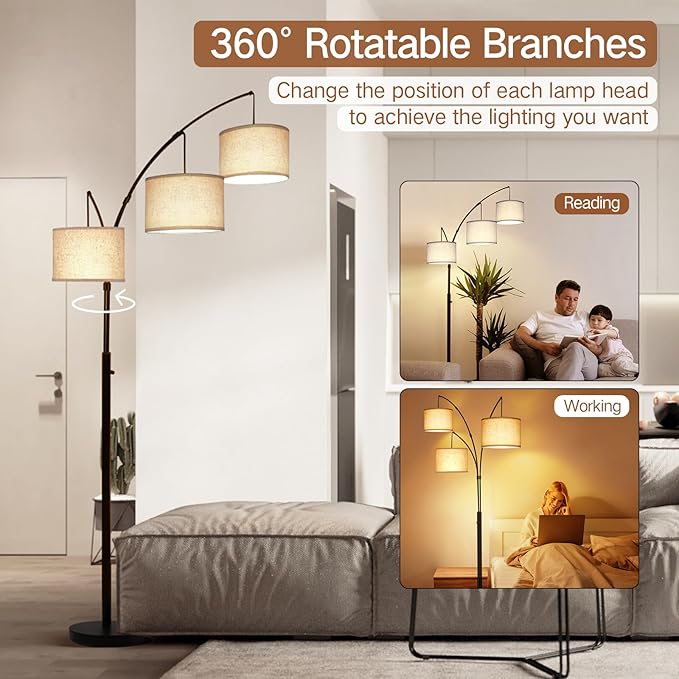 OUTON Arc Led Floor Lamp, Modern Black 3 Light Arched Tall Floor Lamp for Bedroom, 2400lm Mid Century Adjustable Standing Corner Lamps for Living Room Office, 3 LED Bulbs Included, Beige Lampshade - LeafyLoom