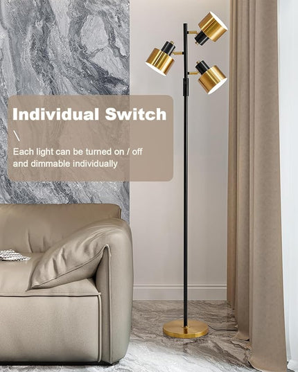 OYEARS Floor Lamp for Living Room Bright Lighting Tall Modern Industrial Vintage Standing Corner Lamps LED Metal Light Office Bedroom Study Gold Black White Matte Accent (3-Light, Gold) - LeafyLoom