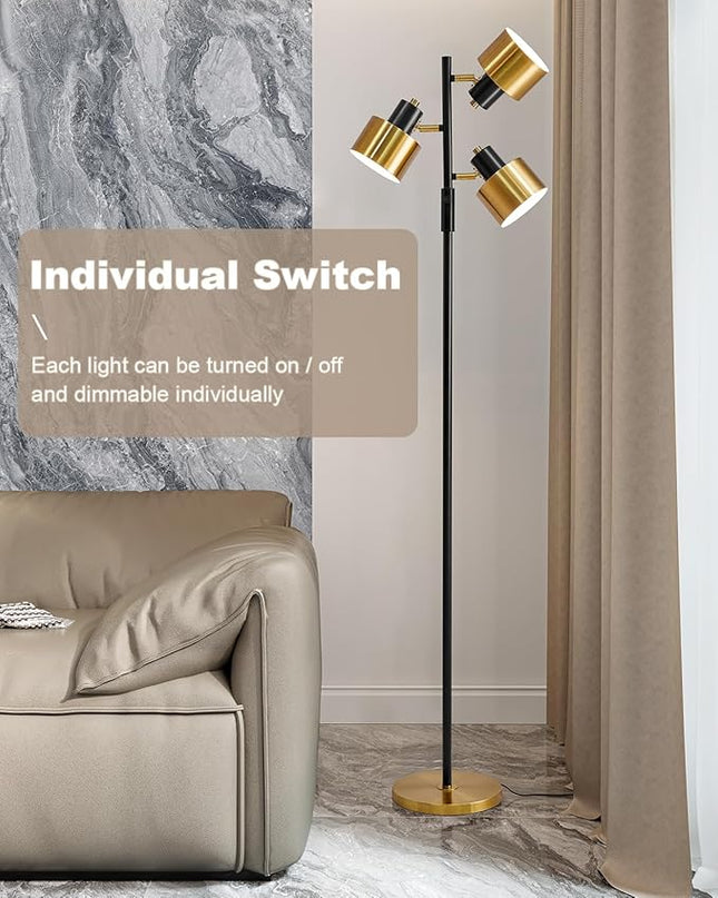 OYEARS Floor Lamp for Living Room Bright Lighting Tall Modern Industrial Vintage Standing Corner Lamps LED Metal Light Office Bedroom Study Gold Black White Matte Accent (3-Light, Gold) - LeafyLoom