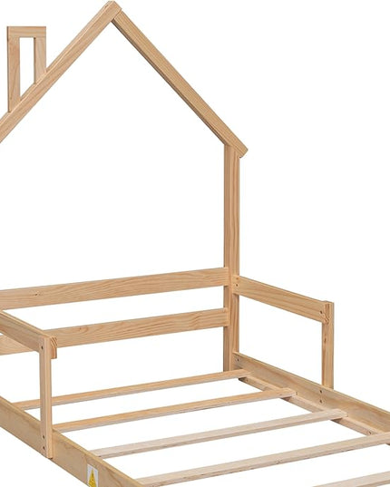Bellemave Twin Size House-Shaped Headboard Floor Bed for Kids,Montessori Floor Bed with Handrails and Slats,Wood House Bed Twin for Girls,Boys(Twin,Natural) - LeafyLoom
