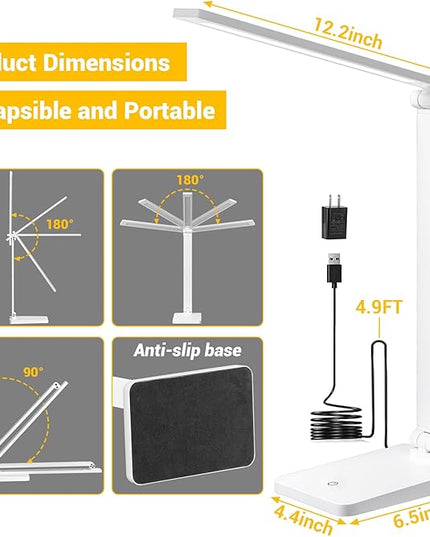 LED Desk Lamp for Home Office, 3 Levels Dimmable Desk Light with USB Charging Port, Small Study Lamp, Reading Light for Table, White, 5000K - LeafyLoom