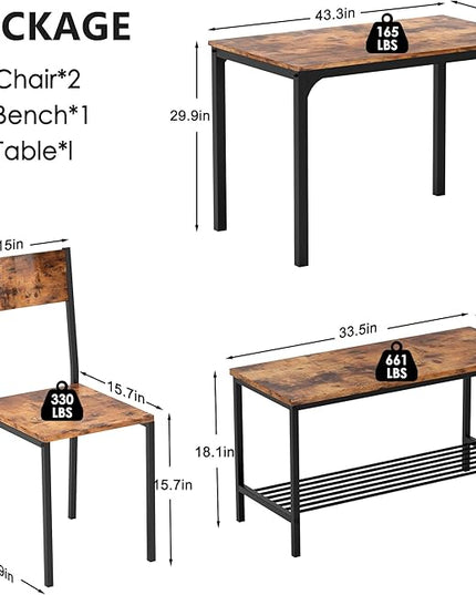 sogesfurniture Modern 4-Piece Kitchen Dining Table Set with 1 Bench and 2 Chairs, Kitchen Bench Table Set for 4, Wooden Kitchen Table and Chairs for Limited Space,Rustic Brown - LeafyLoom