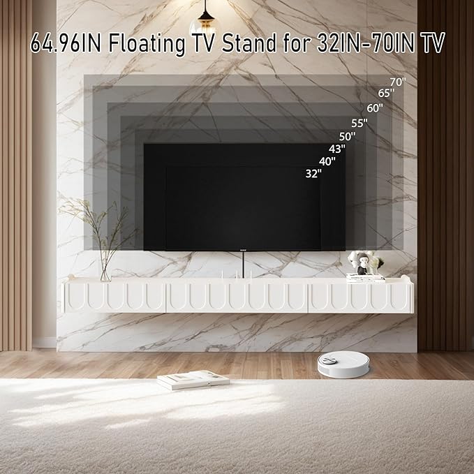 Floating TV Stand, 65'' High Gloss Wall Mounted TV Cabinet, Floating TV Shelves with Door & Drawers, Modern Entertainment Media Console Center Large Storage TV Bench for Living Room (White) - LeafyLoom