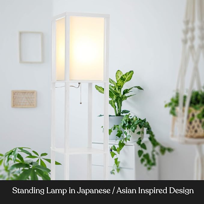 Brightech Maxwell - Modern Shelf Floor Lamp with Lamp Shade and LED Bulb - Corner Display Floor Lamps with Shelves for Living Room, Bedroom and Office - White - LeafyLoom