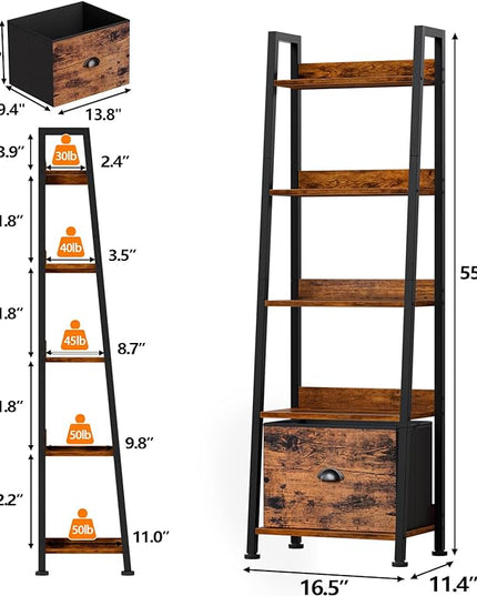 Furologee 5-Tier Ladder Shelf, Ladder Bookshelf with Removable Drawer, Rustic Bookcase Storage Rack Organizer, Wood Metal Freestanding Storage Shelf for Living Room, Home Office, Bedroom, Balcony - LeafyLoom