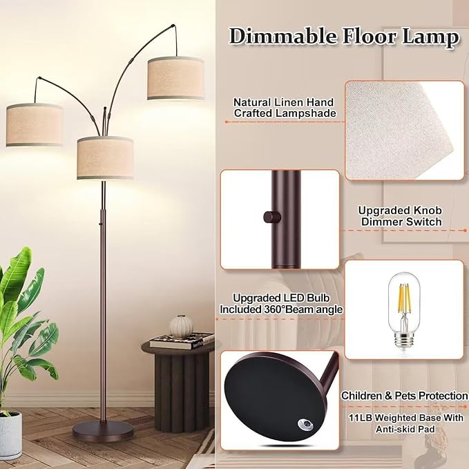 Dimmable Floor Lamp - 3 Lights Arc Floor Lamps for Living Room, 1000LM Modern Tall Standing Lamp With Beige Shades, Mid Century Tree Floor Lamp for Bedroom Office, 3 LED Bulbs Included - Brown - LeafyLoom