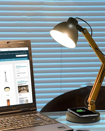 ELINKUME LED Desk Working Lamp with Charging(Wireless/USB-A/Typ-C),Wood Swing Arm Table Bedside Lamp, Black Metal Lampshade,Vintage Reading Light for Office,Study,Bedroom,Living Room(Excluding Bulb) - LeafyLoom