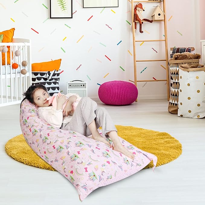 Stuffed Animal Storage Bean Bag Chair Cover, Cotton Pink Unicorn Rainbow Plush Toy Storage Stuff and Sit Seat for Kids/Teens/Adults, 52" x 31" Extra Large Triangle Sofa, 200L/52Gal, Cover Only - LeafyLoom