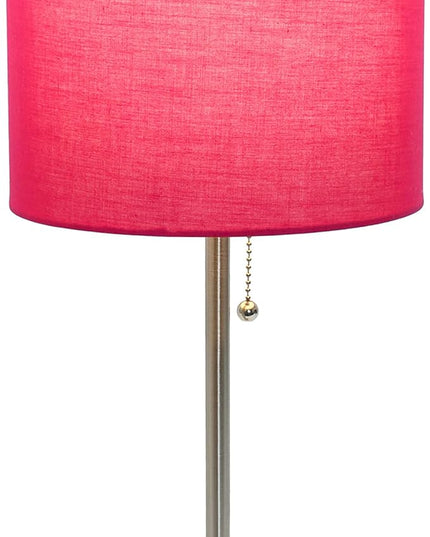 Simple Designs LT1144-PNK Sleek and Slender Brushed Steel Table Lamp with Charging Outlet, for Bedroom, Living Room, Entryway, Office, Dining Room, Study, Pink Shade - LeafyLoom