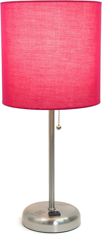 Simple Designs LT1144-PNK Sleek and Slender Brushed Steel Table Lamp with Charging Outlet, for Bedroom, Living Room, Entryway, Office, Dining Room, Study, Pink Shade - LeafyLoom
